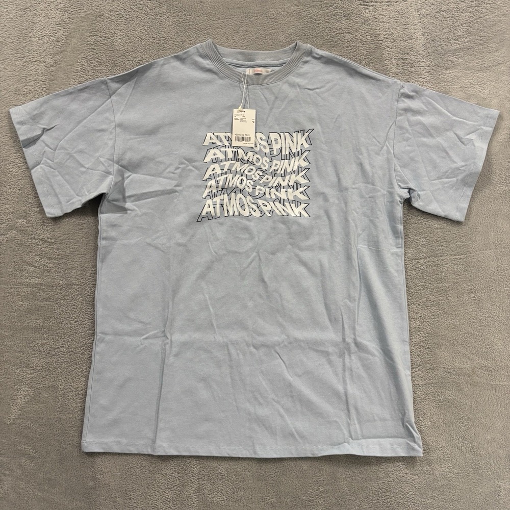 Atmos Pink Japan T Shirt Men's Medium Print Tee Baby Blue Short Sleeve Crewneck